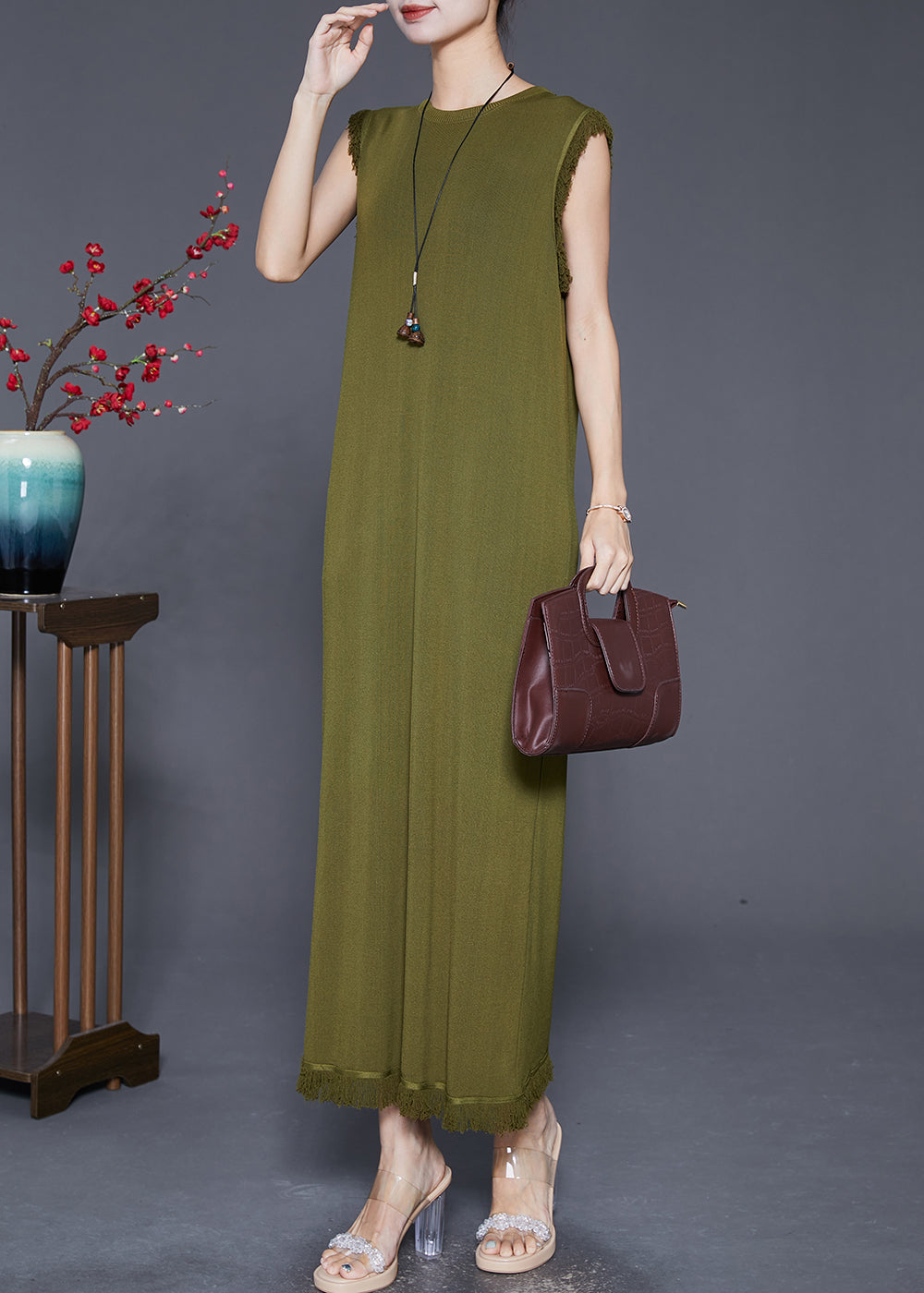 Knit Sleeveless Fringe Trim Crew Neck Column Maxi Dress
