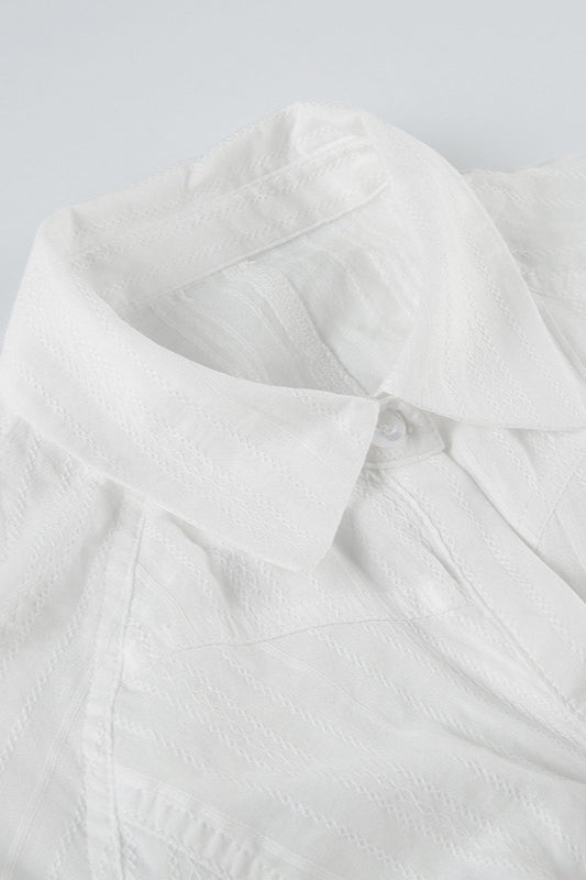 Collared Short Sleeve Ruched Button Front Textured Stripe Blouse 3