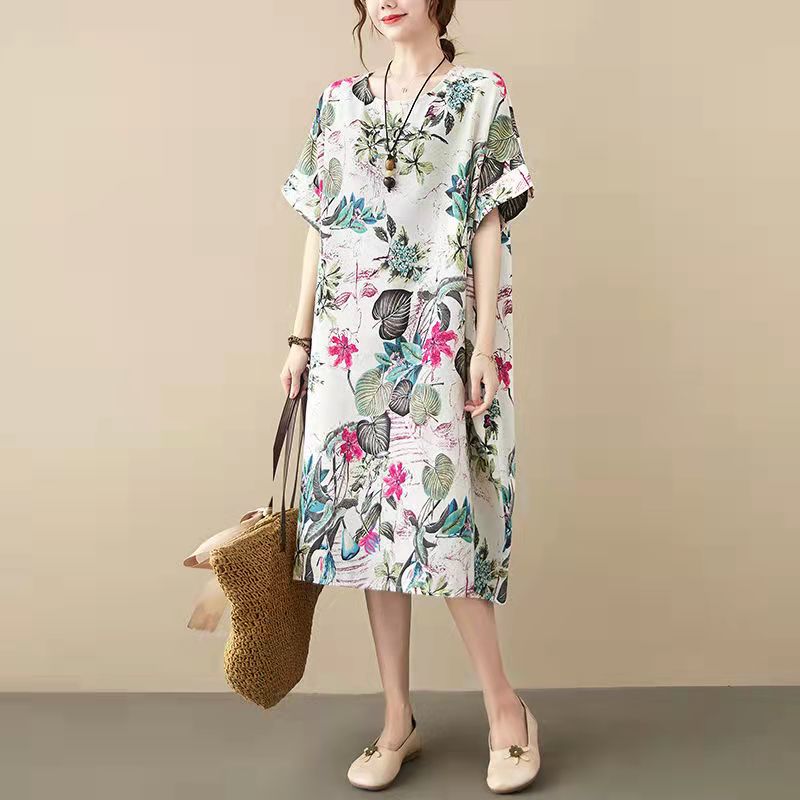 Floral Print Oversized Short Sleeve Shift Midi Dress