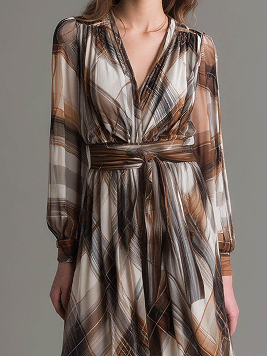 Elegant V-Neck Neutral Check Midi Dress