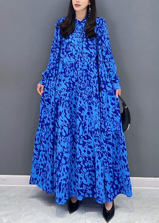 Abstract Print Mandarin Collar Button Front Tiered Long Sleeve Oversized Maxi Dress