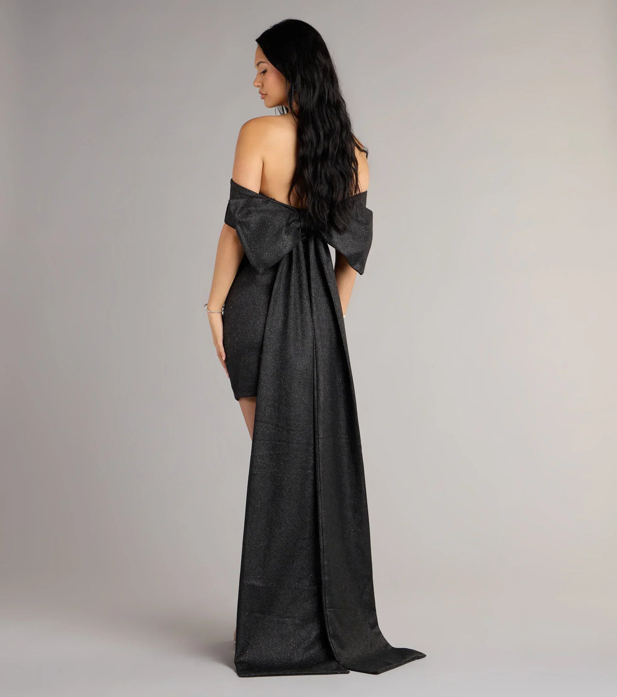 Shimmer Off Shoulder Oversized Back Bow Train Bodycon Mini Dress