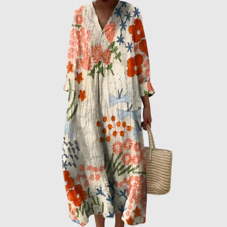 Abstract Floral V-Neck Long Sleeve Pocket Maxi Dress