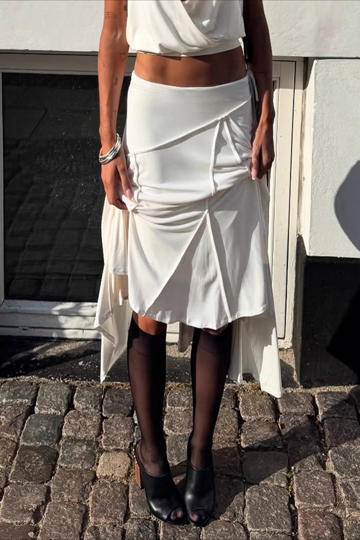 Low Rise Seamed Panel Asymmetric Handkerchief Hem Midi Skirt