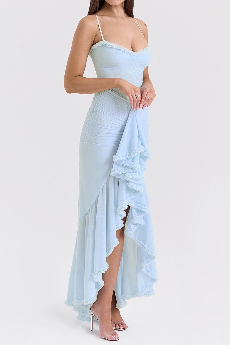 Spaghetti Strap Ruffle Trim High Low Asymmetrical Mini Party Dress