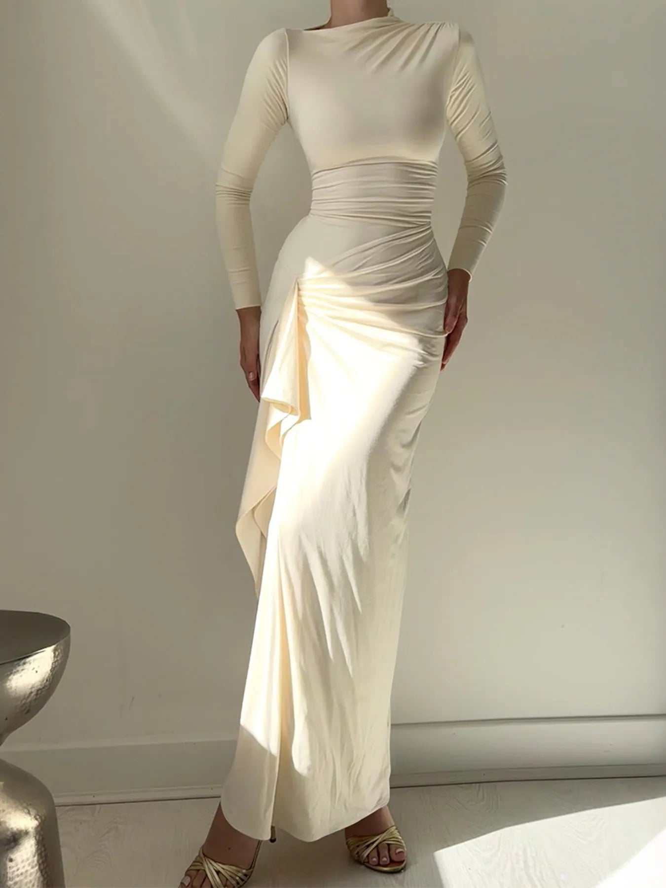 Ruched Long Sleeve Maxi Dress Apricot