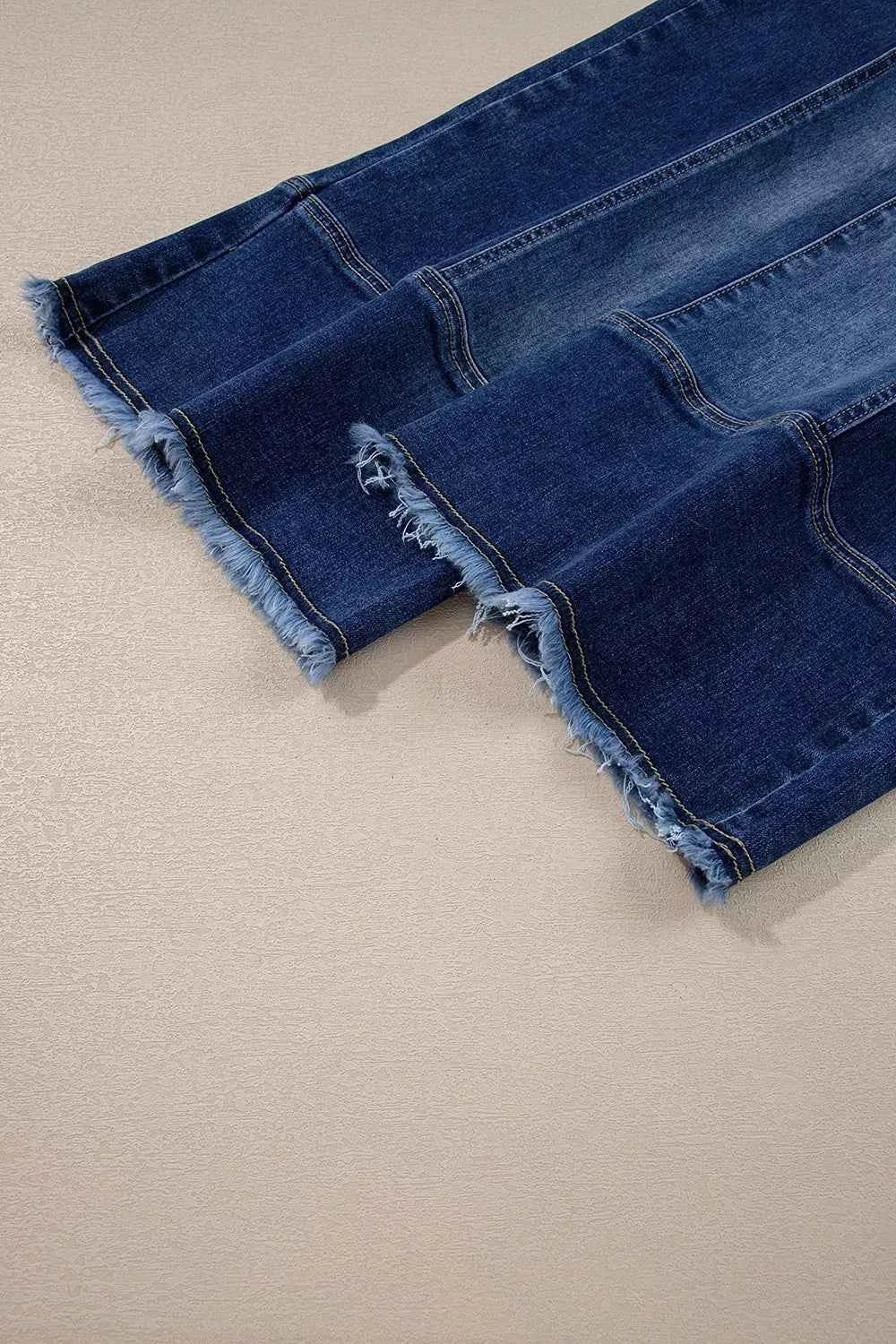 Drawstring Elastic Waist Patchwork Raw Hem Cropped Wide Leg Jeans 12