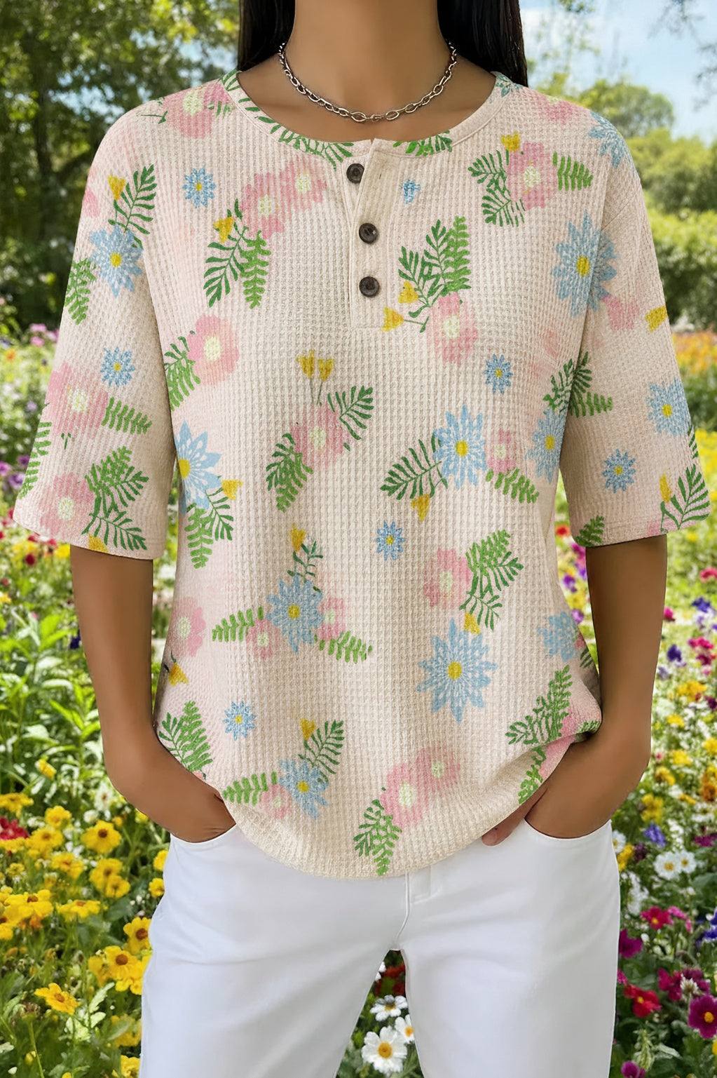 Womens Beige Leafy Floral Print Casual Henley Shirt