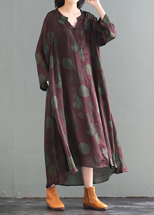 Medallion Print Mandarin Collar Frog Button High Low Long Sleeve Pocket Maxi Dress