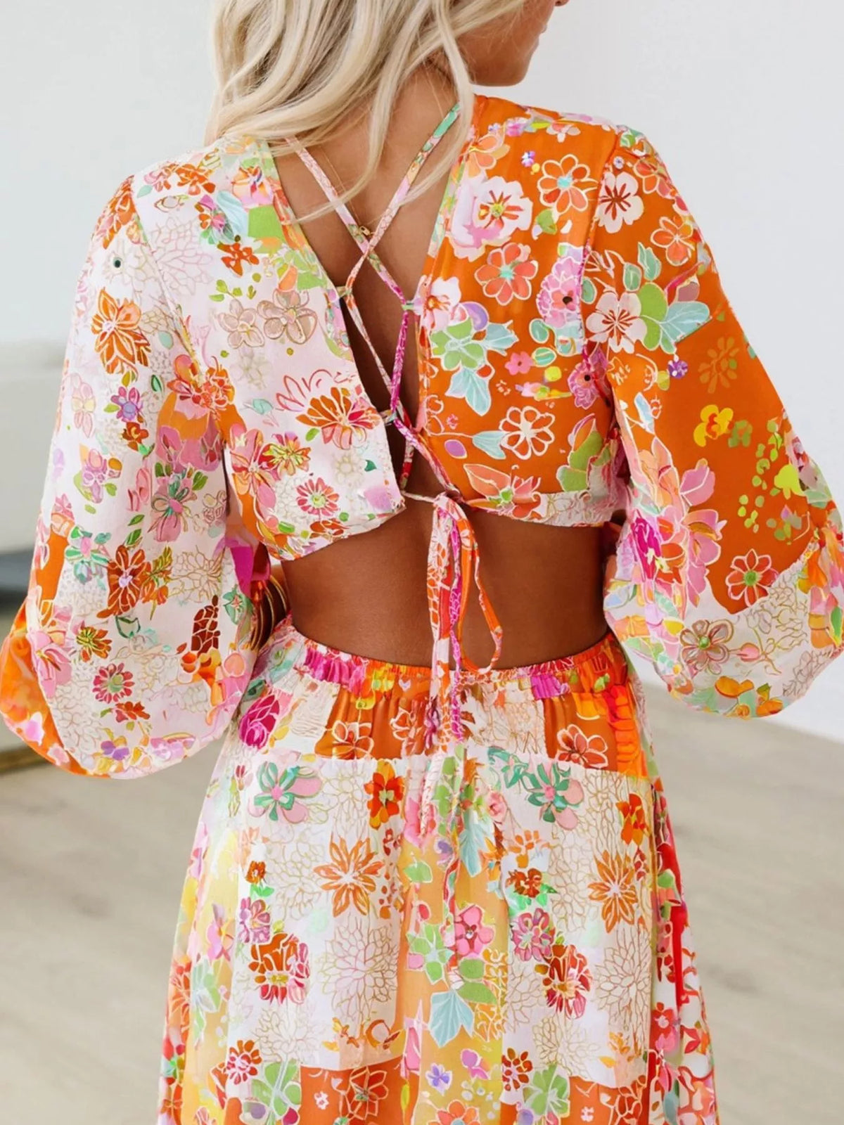Floral Patchwork Print V-Neck Balloon Sleeve Cut Out Maxi Dress 2