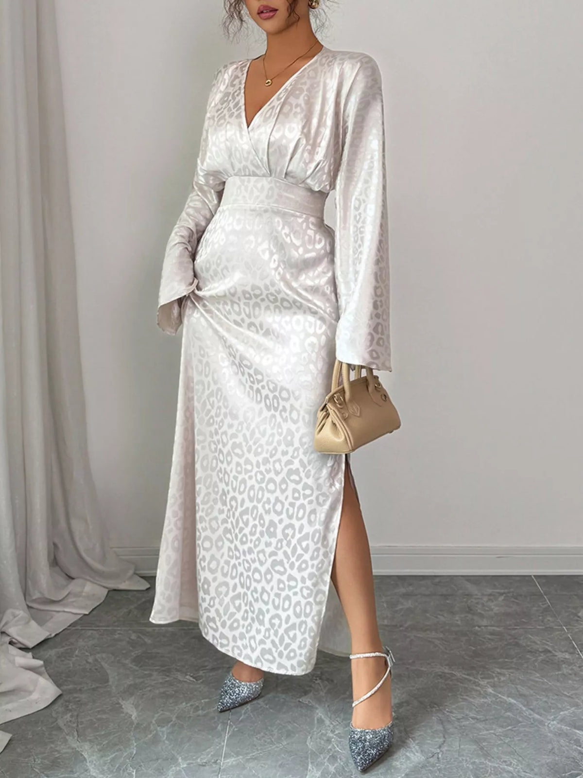 Leopard Satin Jacquard Surplice Long Sleeve Side Split Maxi Dress