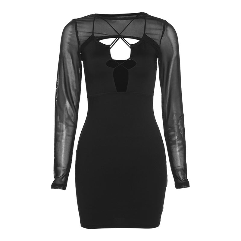 Mesh Long Sleeve Strappy Cut Out Bodycon Mini Dress 6