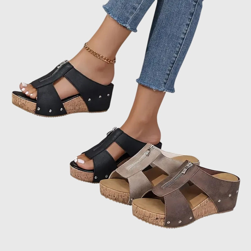 Open Toe Zip Front Cork Platform Wedge Mules 2