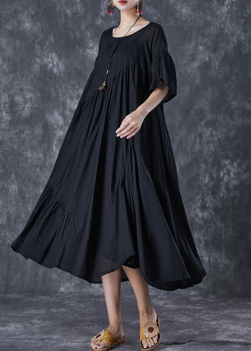 Oversized Asymmetrical Tiered Pleated Pocket Midi Smock Dress