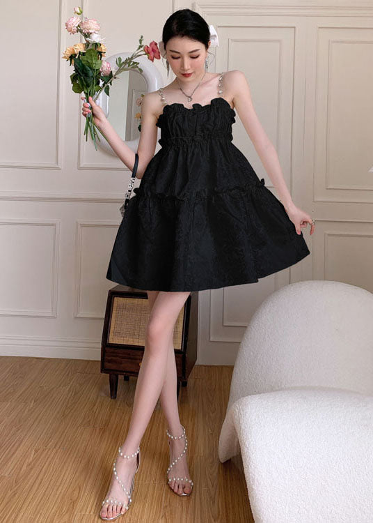 Jacquard Spaghetti Strap Pearl Rhinestone Ruffle Neck Tiered Mini Dress