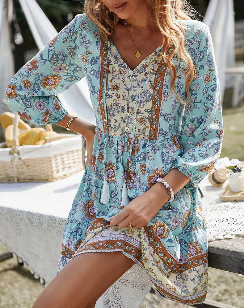 V neck Printed Casual Bohemian Short Dress