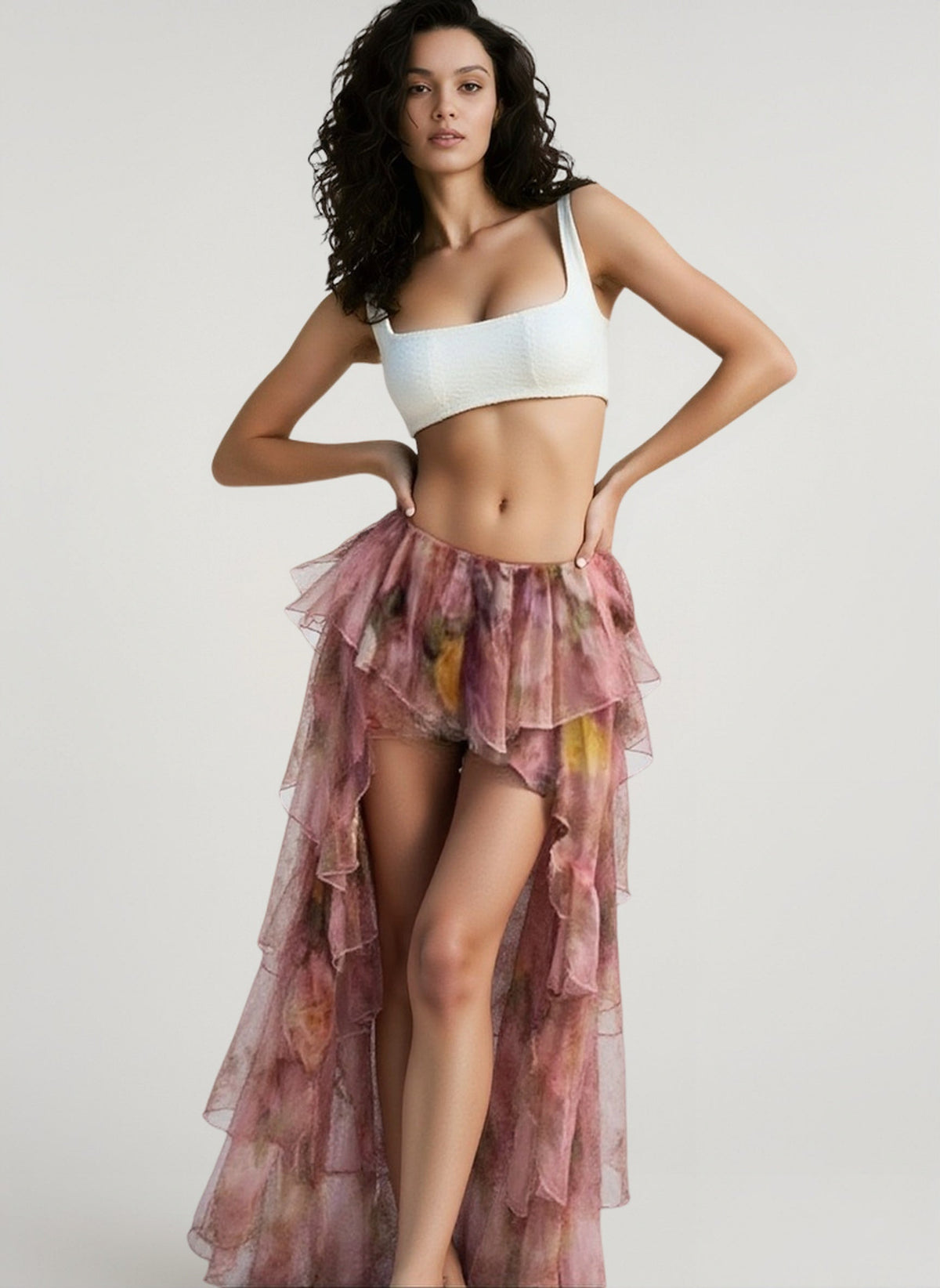 Floral Print Sheer Layered Ruffle High Low Maxi Skirt