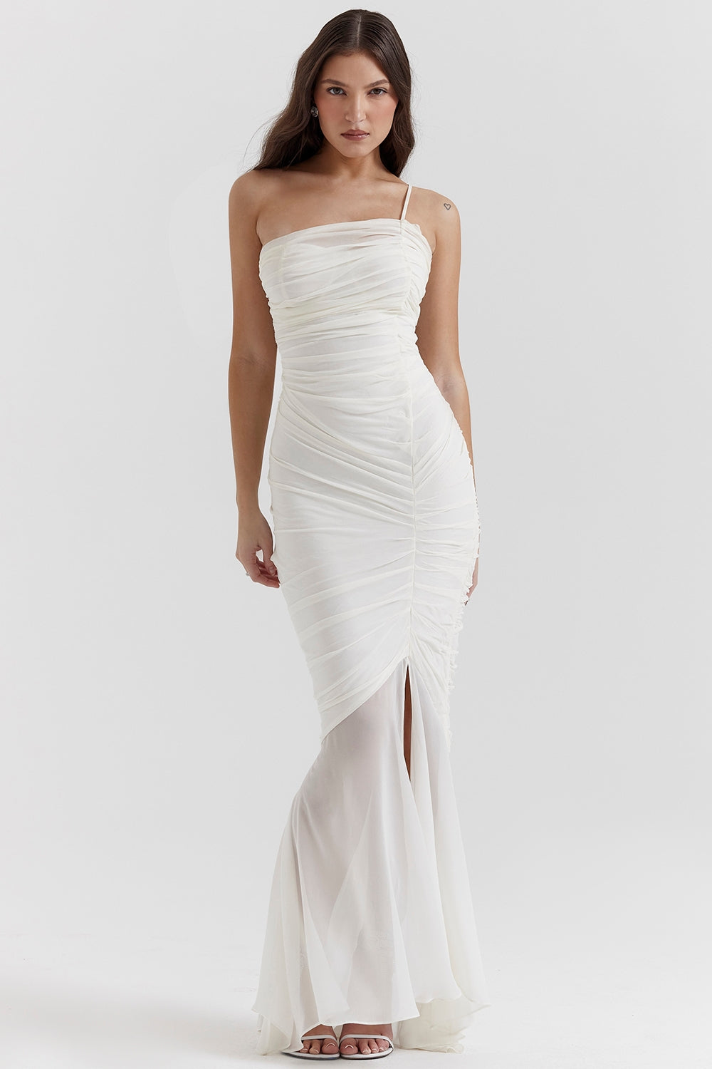 Ruched Mesh Asymmetric Neck Front Split Mermaid Maxi Dress