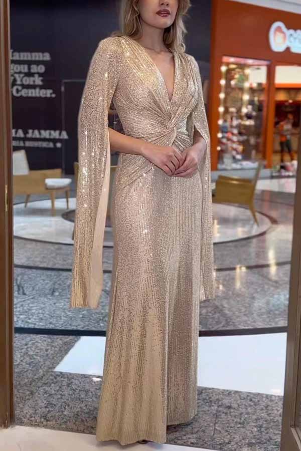 Sequin Deep V-Neck Cape Sleeve Twist Waist Maxi Dress