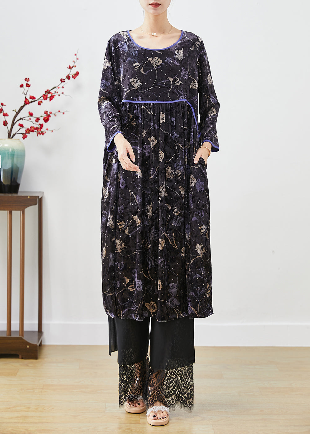 Velvet Floral Print Empire Waist Long Sleeve Dress Lace Hem Wide Leg Pants Two Piece Set