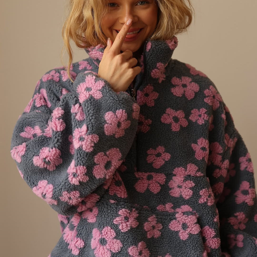 Floral Fleece Collared Half Zip Sherpa Pullover Sweatshirt