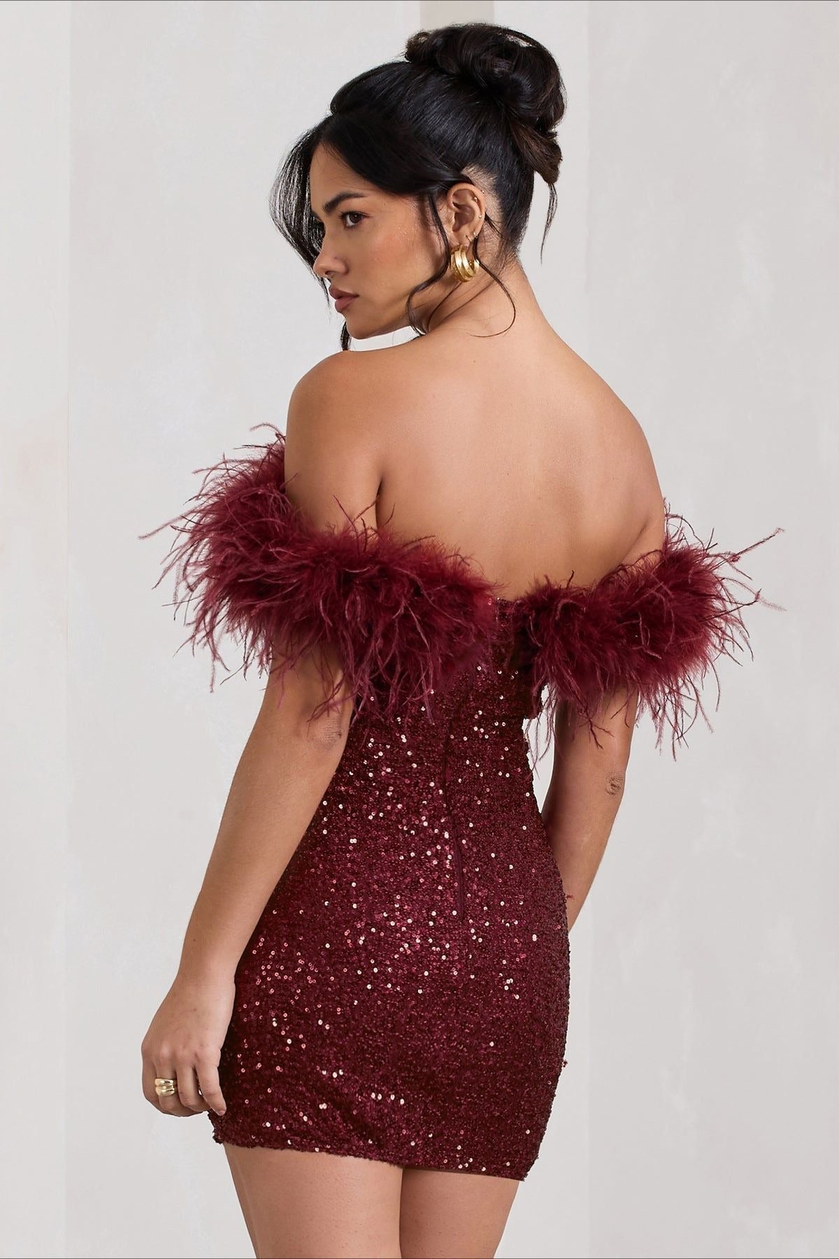 Sequin Off Shoulder Feather Trim Bodycon Mini Dress