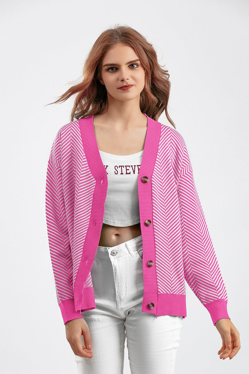 V-Neck Button Front Chevron Stripe Long Sleeve Knit Cardigan 20