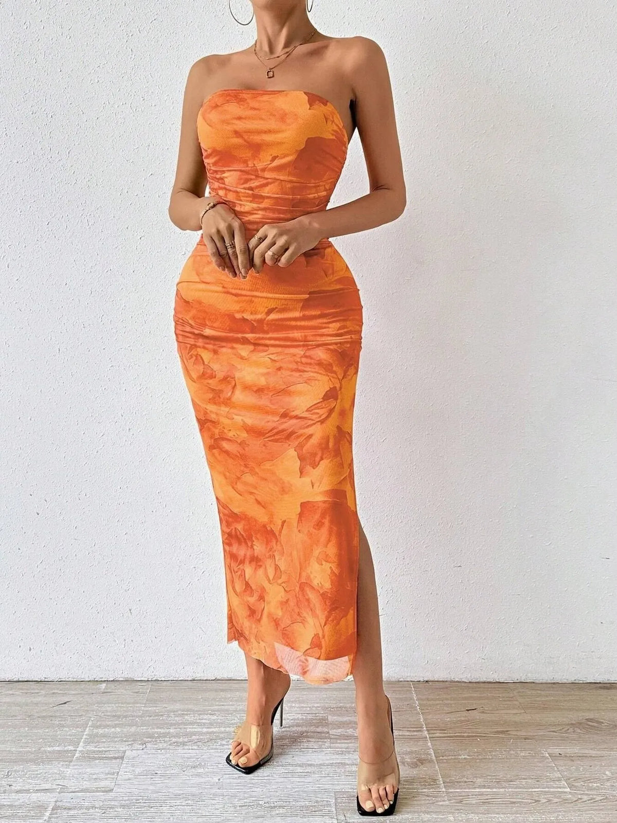 Abstract Print Strapless Ruched Bodycon Maxi Tube Dress 11