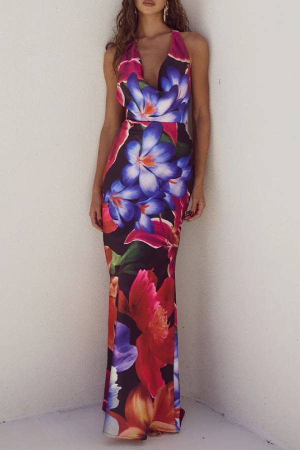 Floral Print Halter Neck Deep V-Neck Mermaid Floor Length Maxi Dress