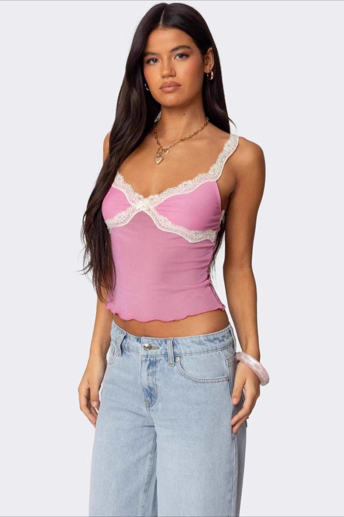 Sheer Mesh Lace Trim Halter Cami Top
