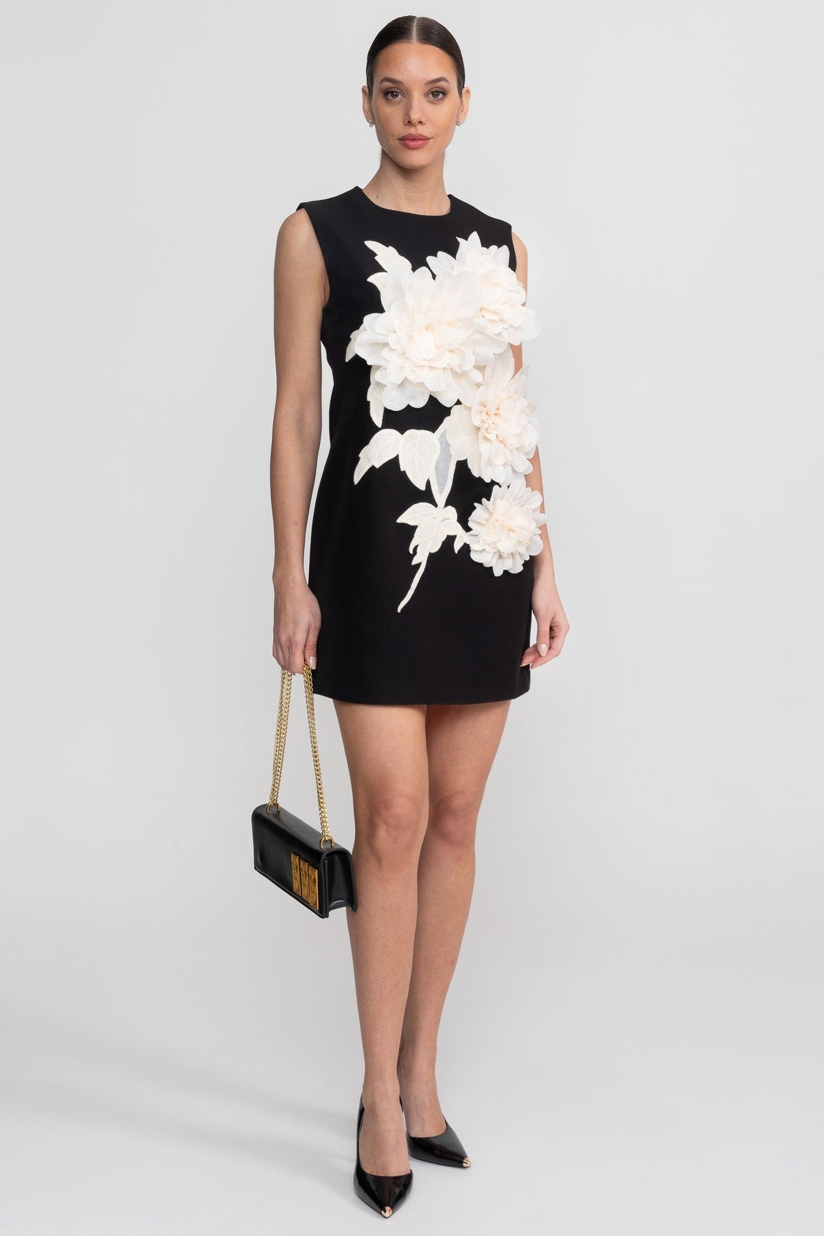 Sleeveless Crew Neck 3D Floral Applique Shift Mini Dress 4