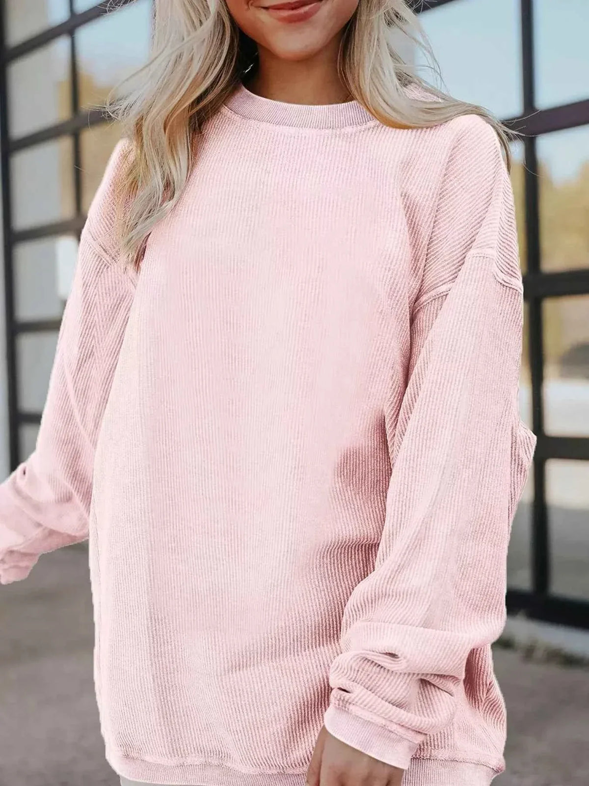 Crew Neck Drop Shoulder Ribbed Corduroy Oversized Sweatshirt 2
