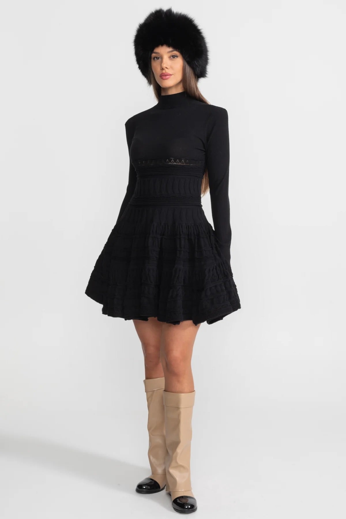 Mock Neck Long Sleeve Textured Knit Tiered Fit and Flare Mini Dress 3