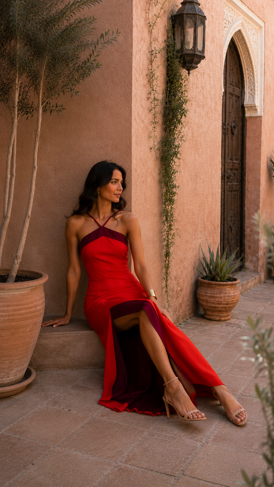 Halter Neck High Split Contrast Trim Maxi Dress