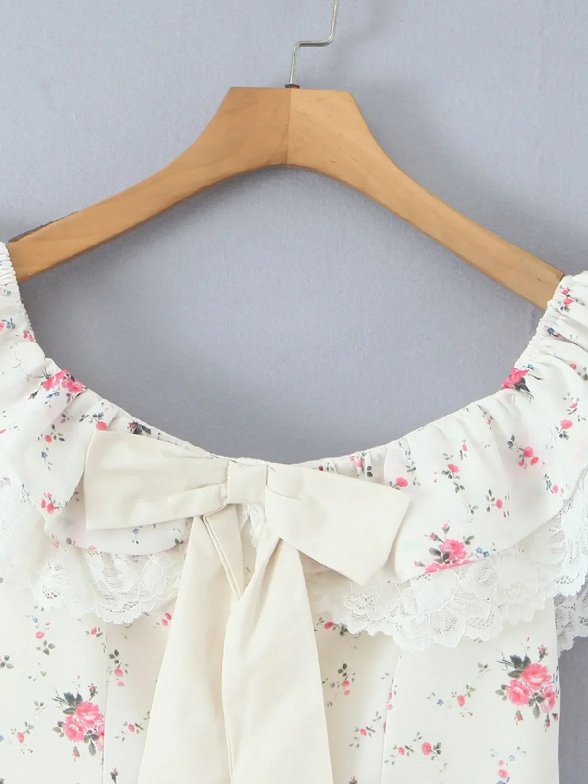 Ditsy Floral Off Shoulder Ruffle Lace Trim Bow Front Mini Dress 6