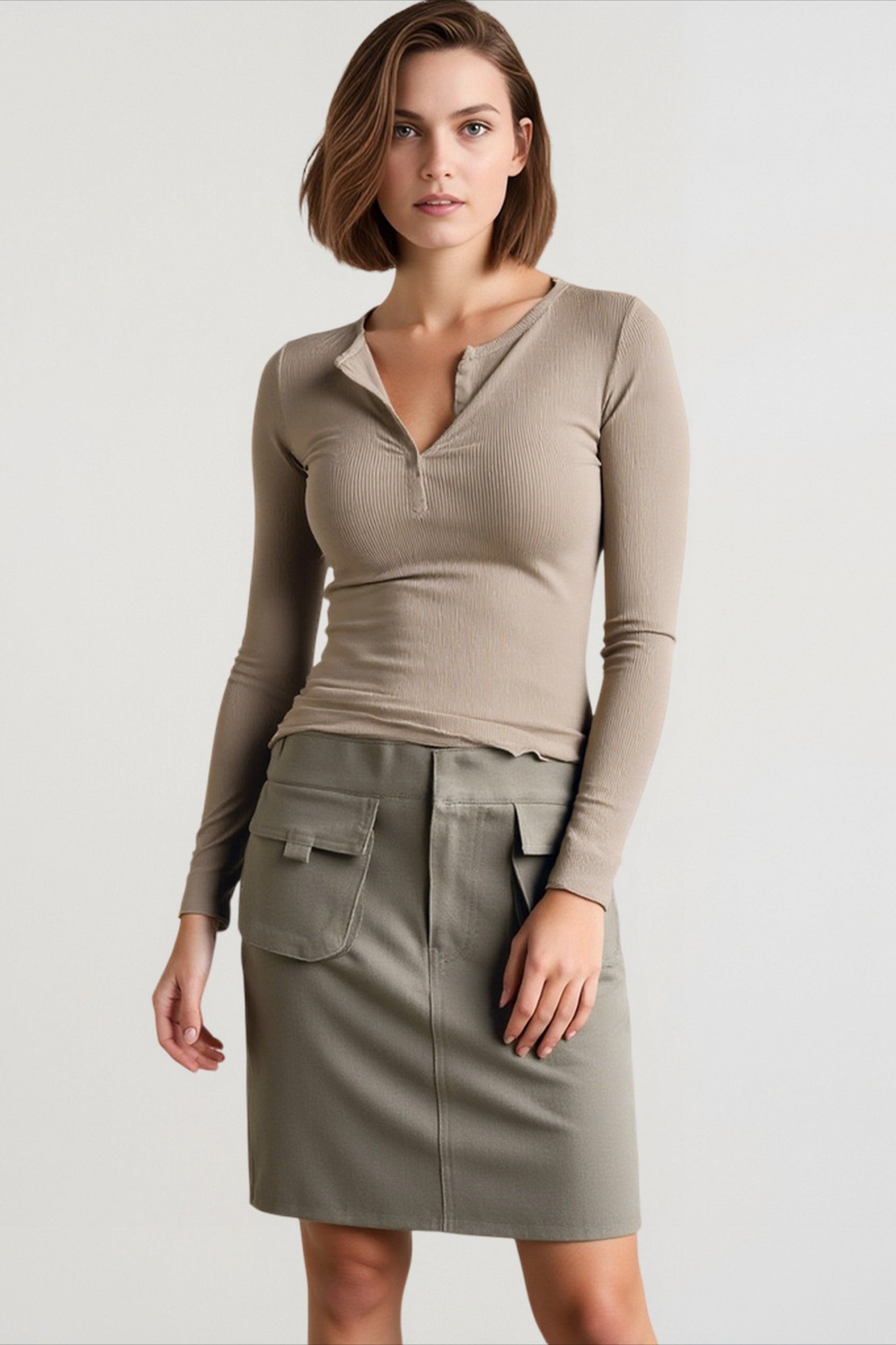 Deep V-Neck Ribbed Long Sleeve Top