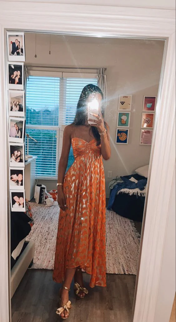 Chic Orange Long A Line Prom Dress Spaghetti Straps Evening Party Gown cc1443