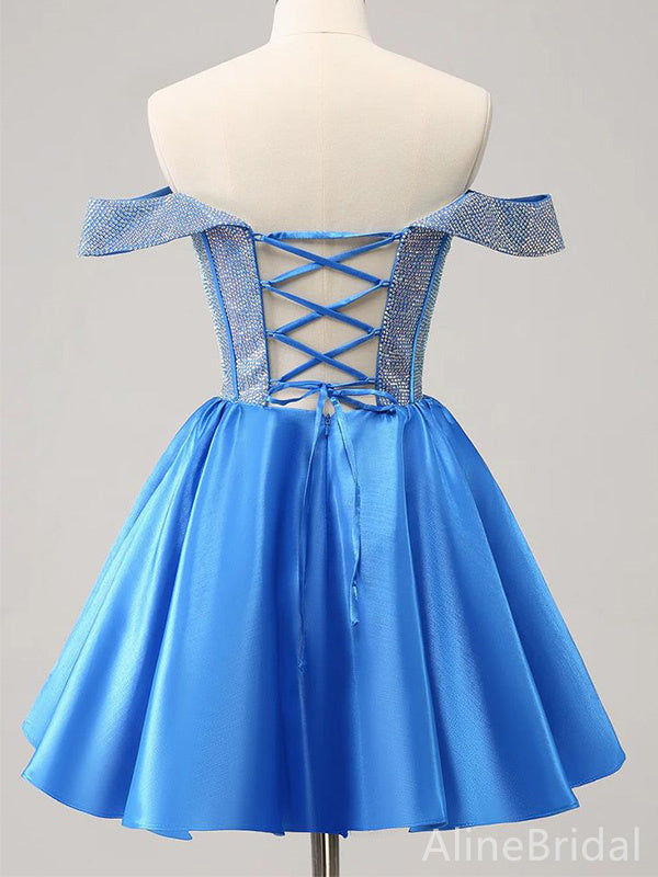 Satin Off Shoulder Beaded Corset Bodice A-Line Homecoming Dress 2