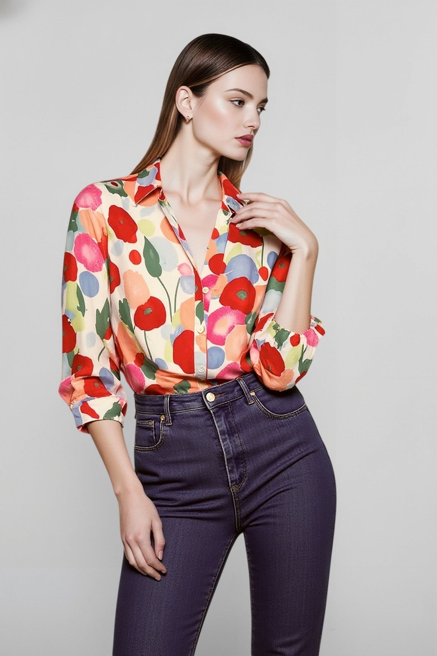 Simple Cartoon Floral Print Plus Size Blouse