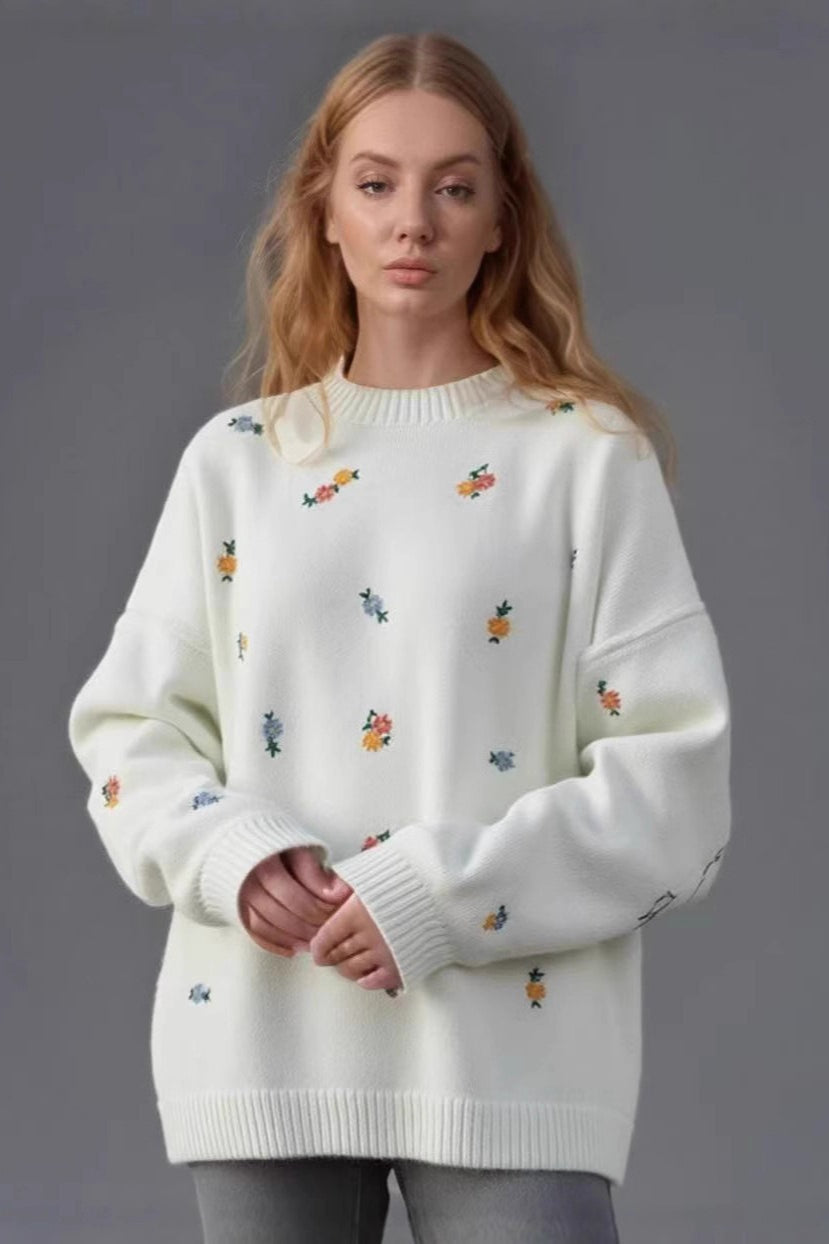 Embroidered Floral Crewneck Sweater