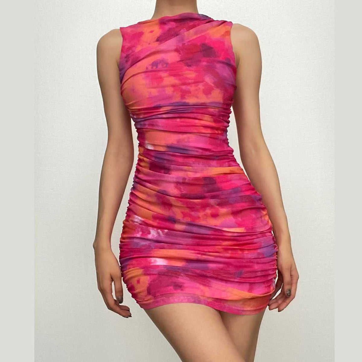 Tie Dye Sleeveless Crew Neck Ruched Mesh Bodycon Mini Dress 3