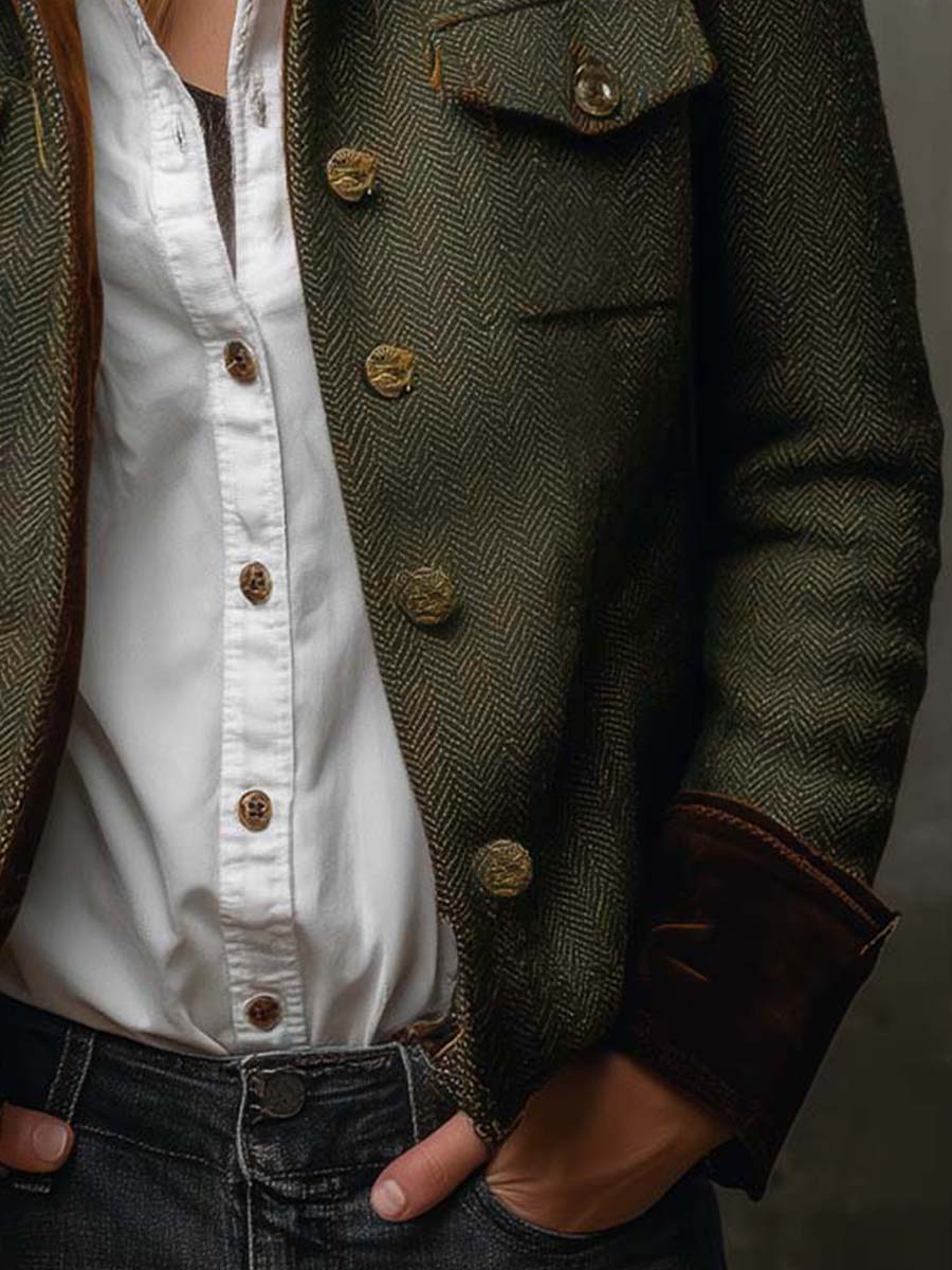 Herringbone Tweed Contrast Trim Button Front Jacket