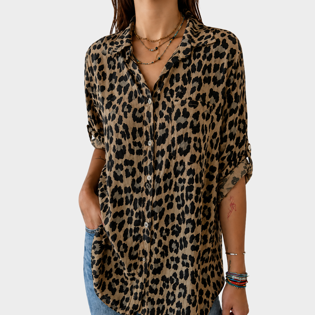 Leopard Print Button Front Roll Tab Sleeve Shirt