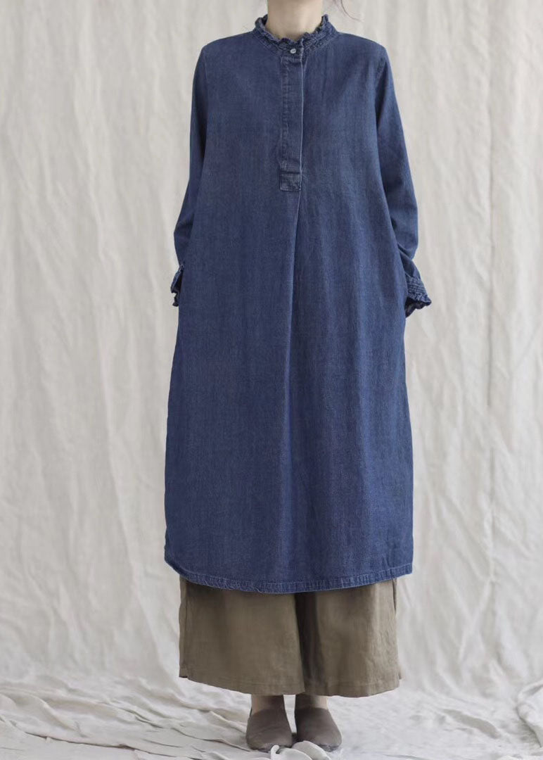 Ruffle Collar Cuff Long Sleeve Denim Button Front Midi Dress