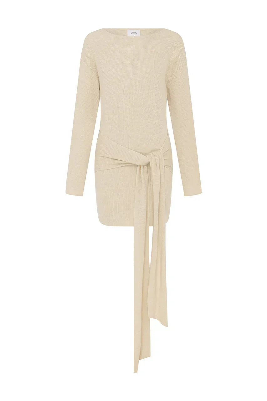 Waffle Knit Off Shoulder Long Sleeve Tie Front Sweater Mini Dress 6