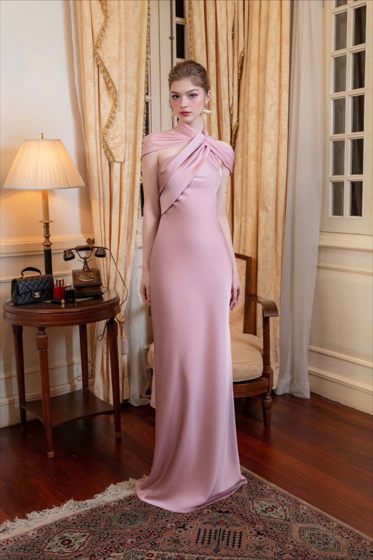 Satin One Shoulder Draped Cape Sheath Gown