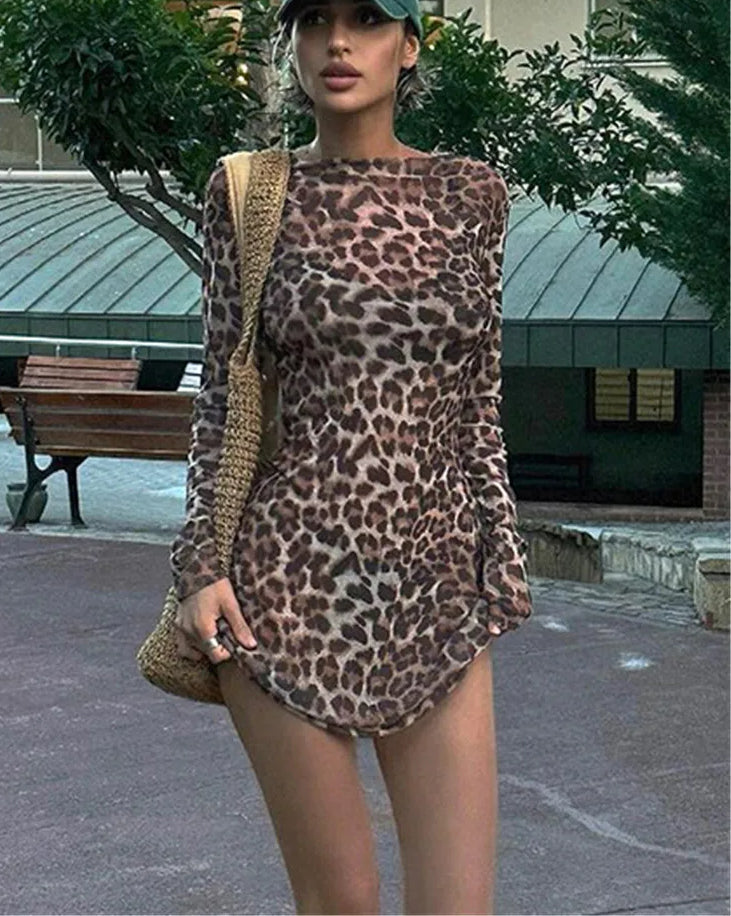 Leopard Print Sheer Mesh Boat Neck Long Sleeve Curved Hem Mini Dress