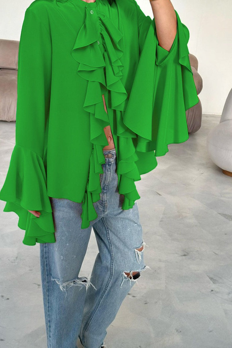 Cascading Ruffle Front High Neck Flared Bell Sleeve Blouse 8