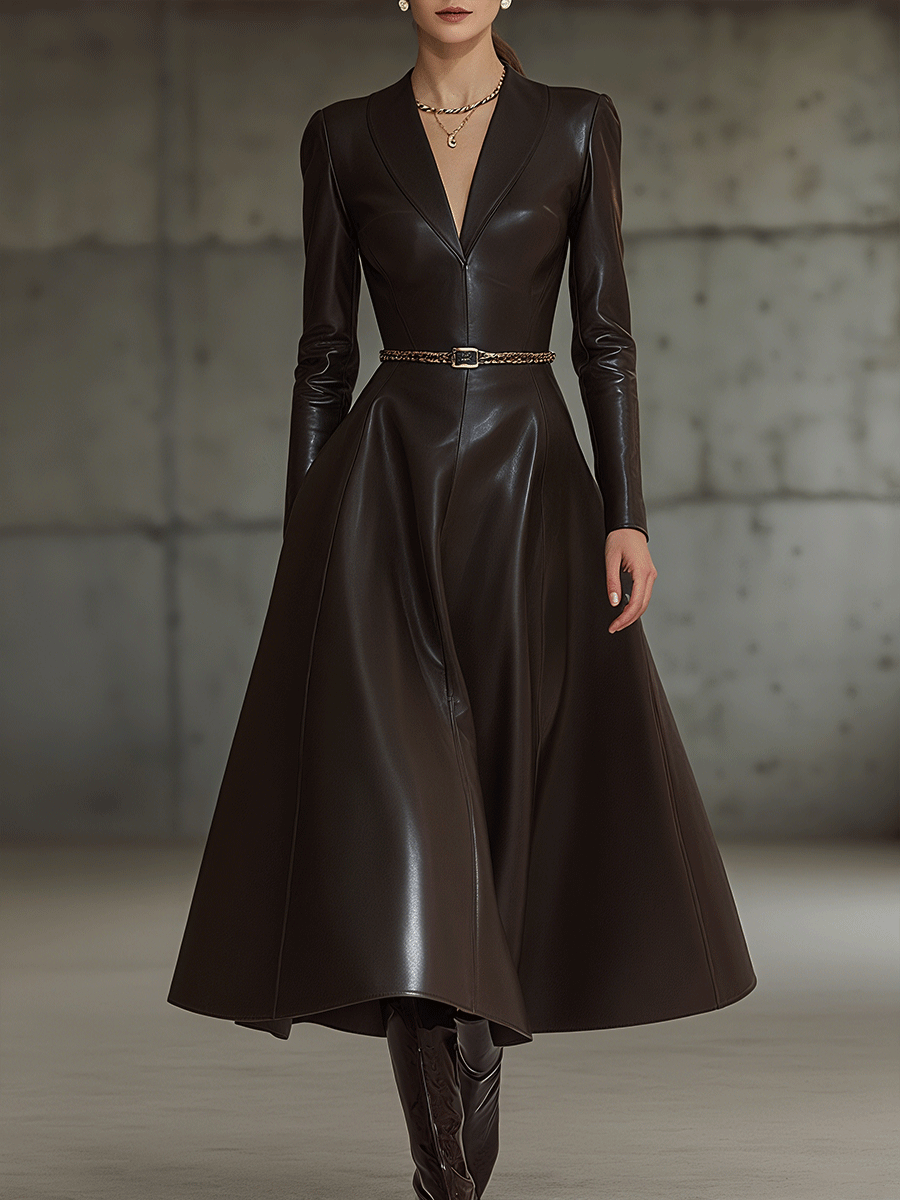 Elegant V-Neck Dark Brown Faux Leather A-Line Midi Dress