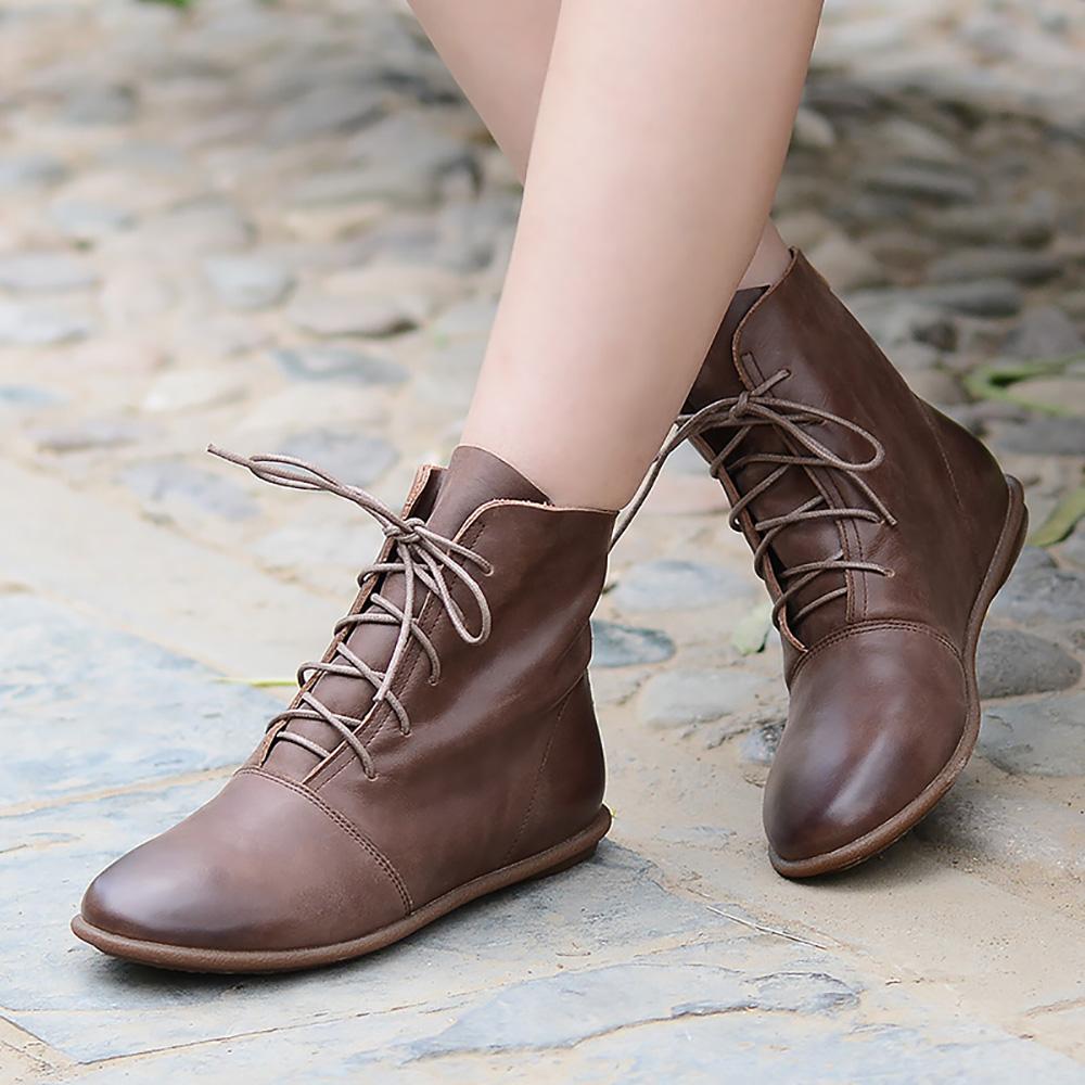Oxfords For Women Lace Up Flat Sole Ankle Boots Handmade Waxing��Leather Boots Black/Brown